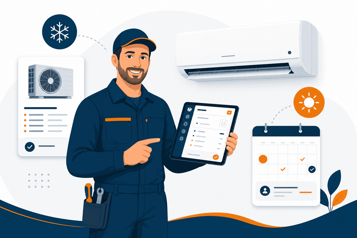 Climaticien utilisant l'application TASHY devant une unité de climatisation