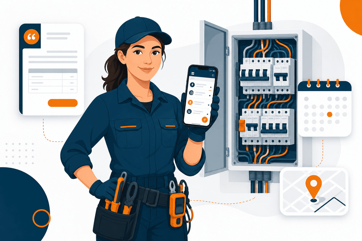 Électricienne utilisant l'application TASHY devant un tableau électrique