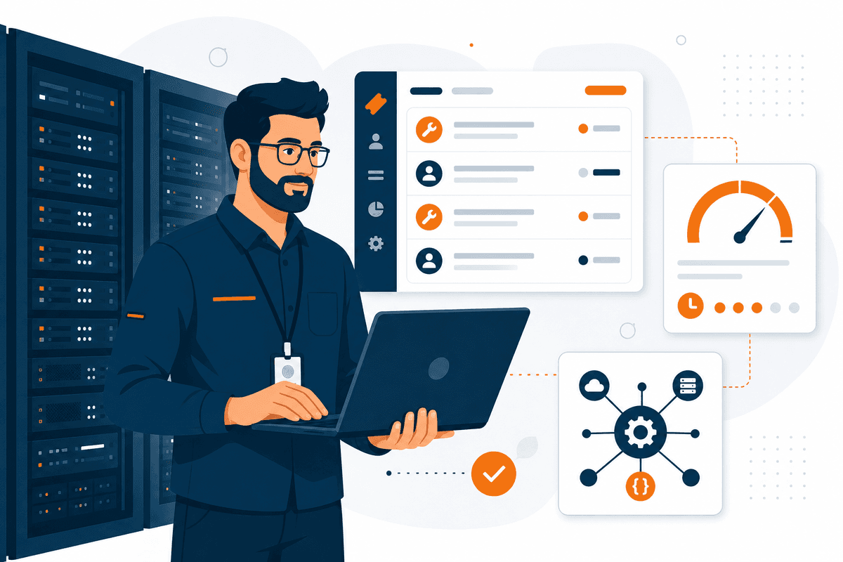 Technicien infogérance utilisant TASHY dans une salle serveur