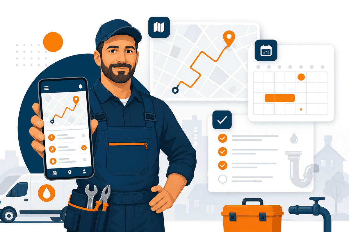 Plombier utilisant l'application mobile TASHY sur le terrain