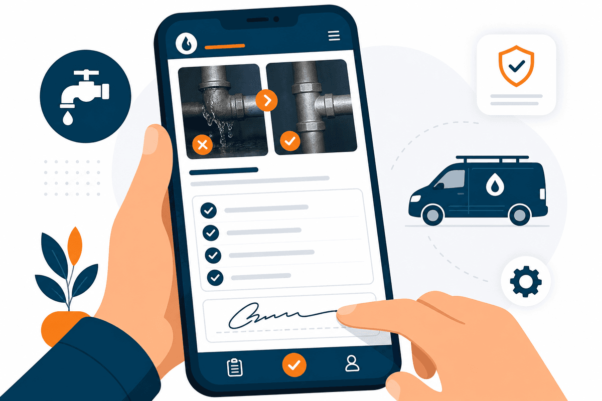 Compte-rendu d'intervention plomberie avec photos et signature sur mobile